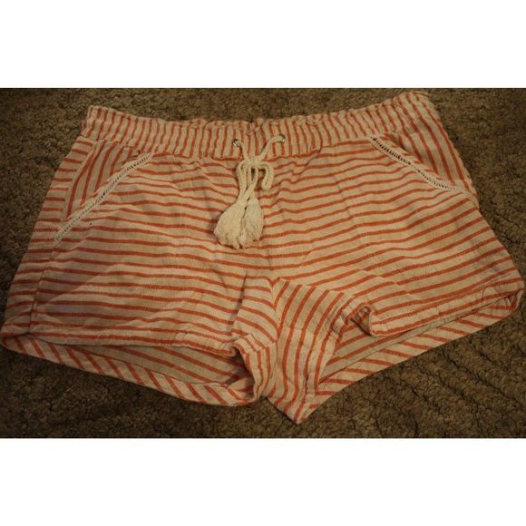 Jolt Women Large Coral Cream Stripe Elastic Tassel Drawstring BOHO Pocket Shorts - Picture 1 of 7
